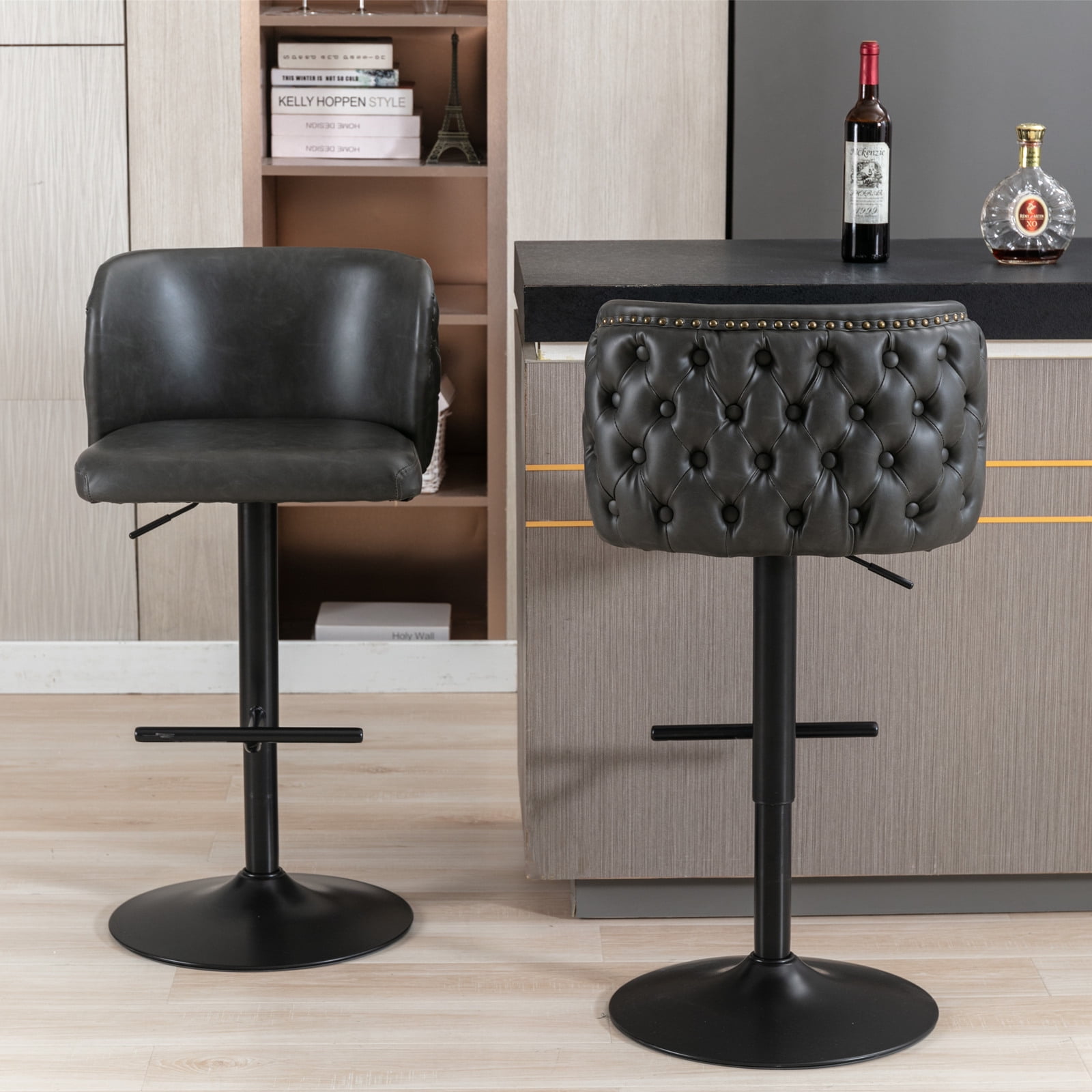 DONICK Swivel Counter Height Barstools,Upholstered Bar Stools Adjustable Height Nailhead Button Tufted Kitchen Island (PU,Dark,Set of 2)