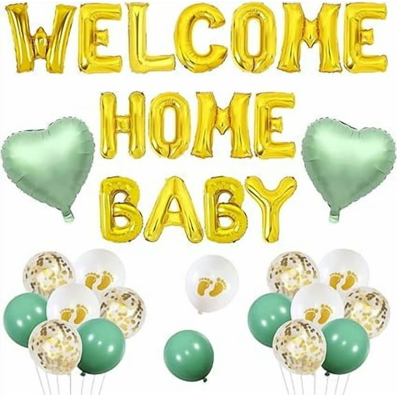Welcome Home Decorations Boy Girl - Sage Green Gold Baby Banner Heart & Foil Balloons for Newborn Babies Boy or Girl - Neutral Birthday