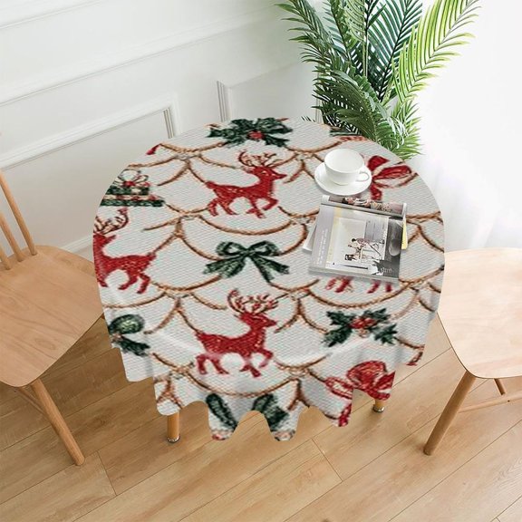 RKSupls 60 Inch Round Tablecloth, Reindeer Gift Ornament Premium Polyester Straight Edge Wrinkle Resistant Washable Table Cover for Party Home Dining Decor