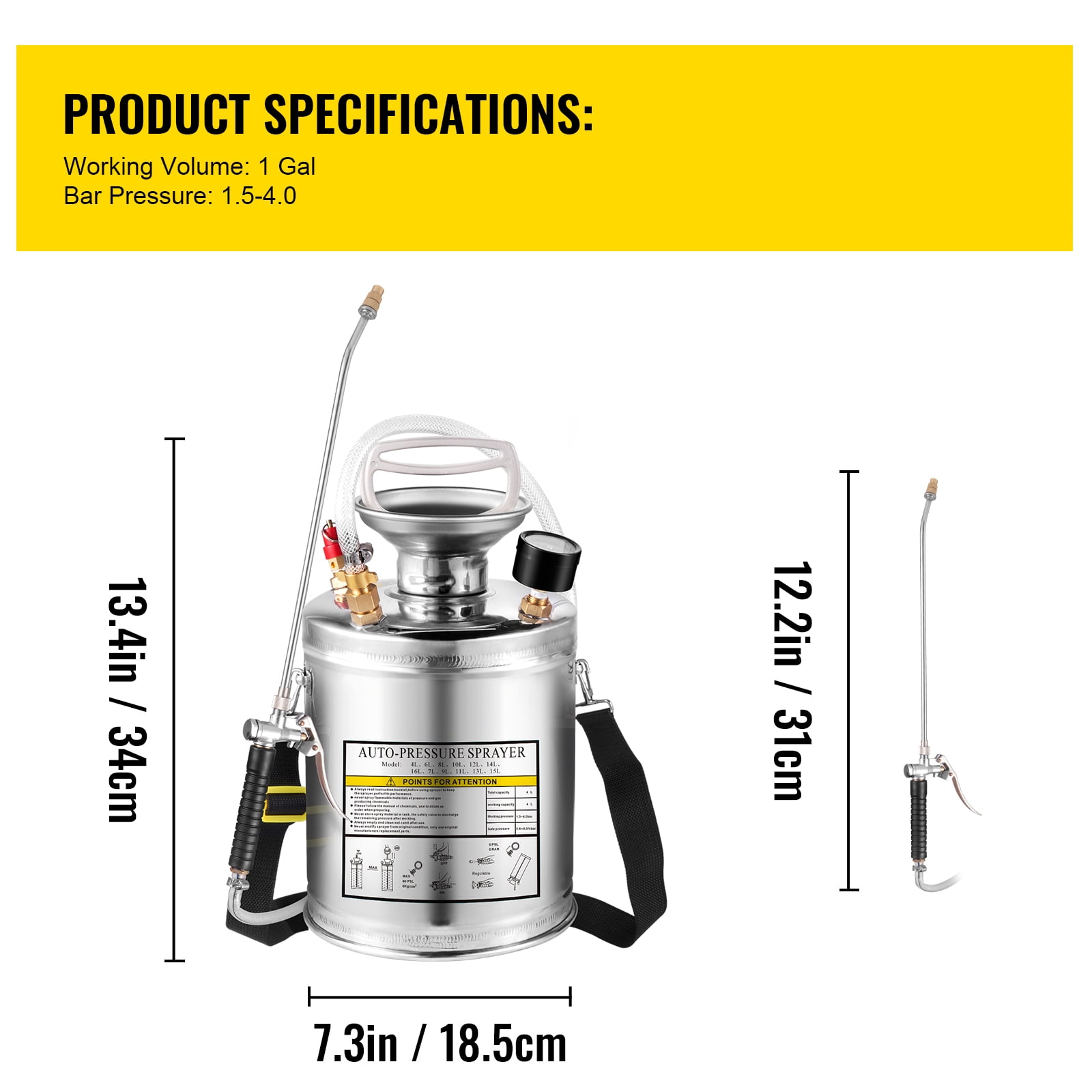 KFFKFF 1G Stainless Steel Sprayer, Full Set with 12" wand& handle& 3.3" Reinforced Hose, Hand Pump Sprayer with Pressure Gauge&Safety Valve, Adjustable Nozzle Suitable for Gardening and Sanitizing