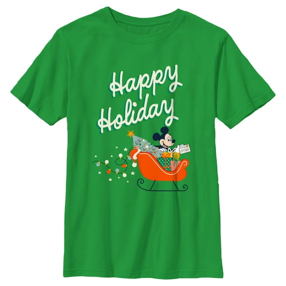 Boy's Mickey & Friends Happy Holiday Sled Graphic Tee Kelly Green X Large