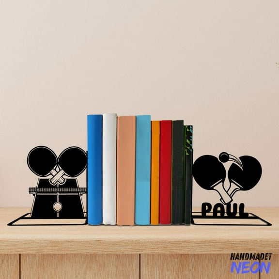 Handmadetneonsign Ping Pong Metal Bookends, Table Tennis Racket Name Bookend, Sport Table Bookshelf Decor 78351