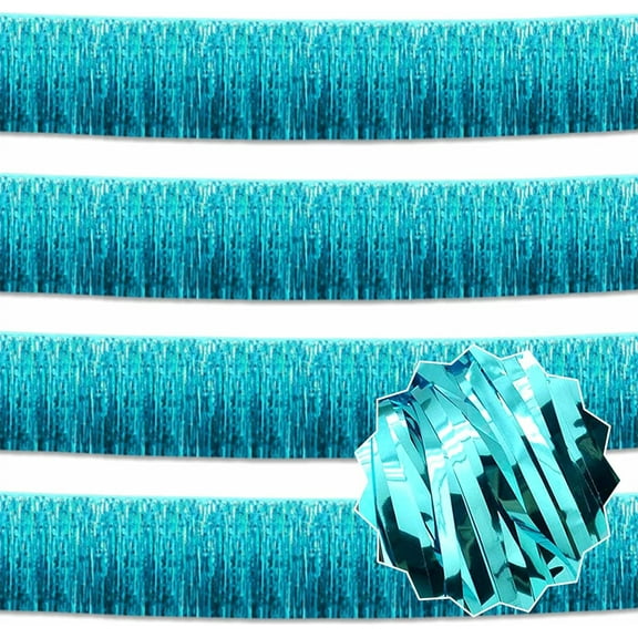 9.8 Feet by 11.8 inches Lake Blue Foil Fringe Garland -NOGIS 4 Pack Shiny Metallic Tassle Banner for Parade Floats, Bridal Shower, Wedding, Birthday | Wall Hanging Fringe Garland Banner