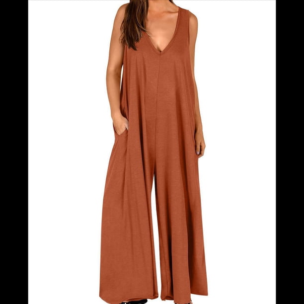 Mono Informal de Verano para Mujer, Holgado, Sin Mangas, con Cuello en V, Pierna , , Holgado, con Bolsillos. Marrón 01 XL