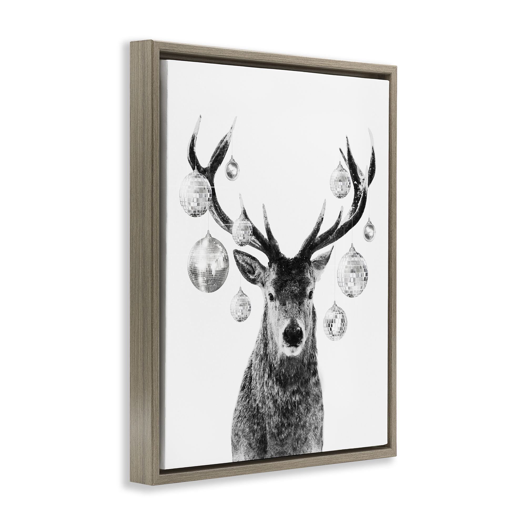 Stupell Industries Deer with Disco Balls Animals & Insects Painting Brown Floater Framed Canvas Art Print Wall Art, 25 x 31