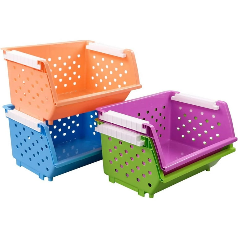 Cand 4 Packs Colored Stackable Storage Baskets, Large Plastic Stacking Bin