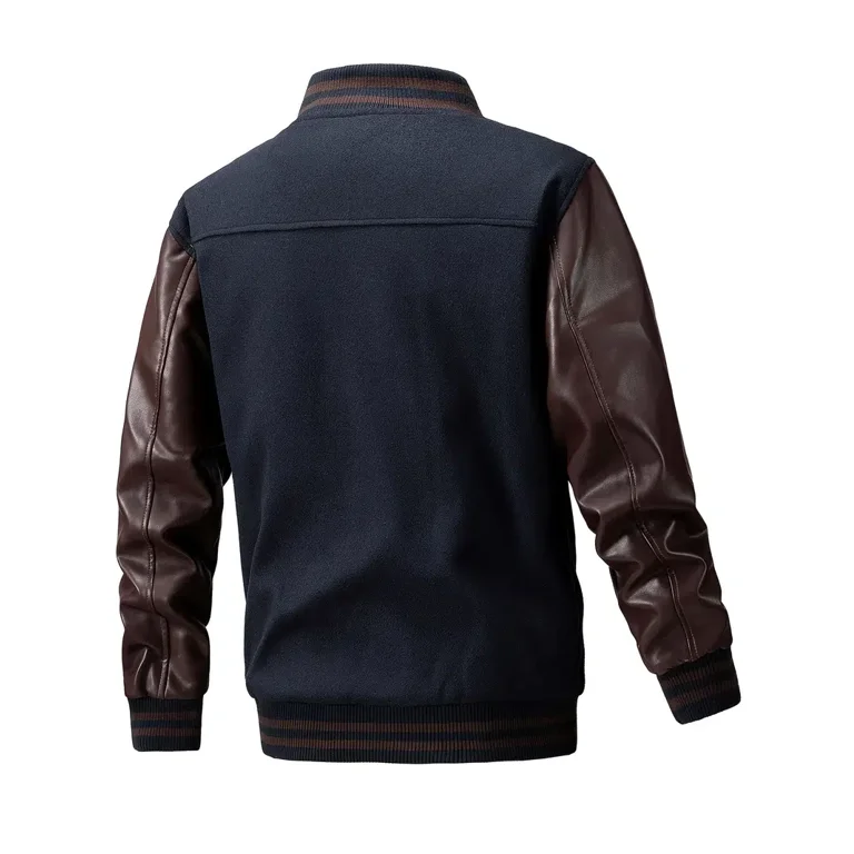 Men's Wool Brown Varsity Jacket with Black Leather Sleeves