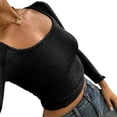 thumbnail image 2 of Gupgi Women Ruched Crop Top Long Sleeve Square Neck Slim Basic Solid Tee Shirt, 2 of 7