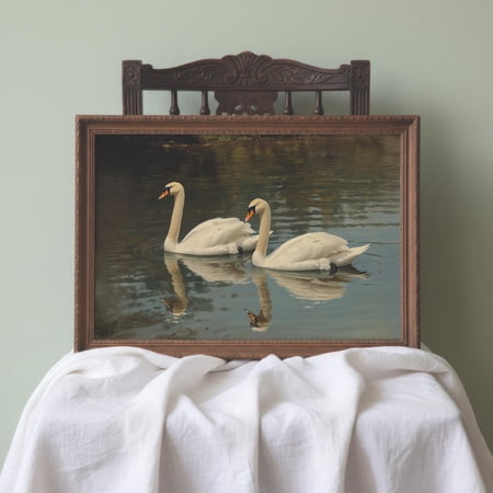 Vintage Swan Wall Art Print Elegant White Swan Painting Cottagecore Lake Decor Neutral Nature Artwork Print Bird Poster
