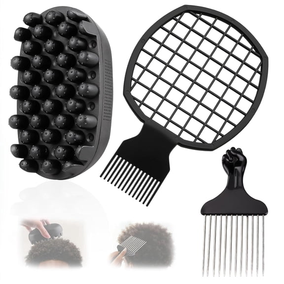 3-Pack Silicone Curling Hair Brush & Metal Afro Pick Comb Set – Durable Washable Curl Sponge for Black Men, Dreadlocks, Coils, 4C Natural Hair Styling Tool
