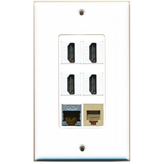 RiteAV - 4 Port HDMI 1 Phone RJ11 RJ12 Beige 1 Shielded Cat6 Ethernet Wall Plate Decorative