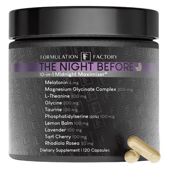 Formulation Factory The Night Before, 10-in-1 Sleep Support with Melatonin 4mg, Magnesium Glycinate 300mg & L-Theanine, Supports Relaxation & Calm, 120 Capsules, 2-Month Supply