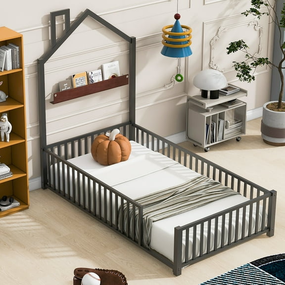 Euroco Metal Twin Size House Bed, Low Platform Bed for Toddlers and Kids Teens, Black