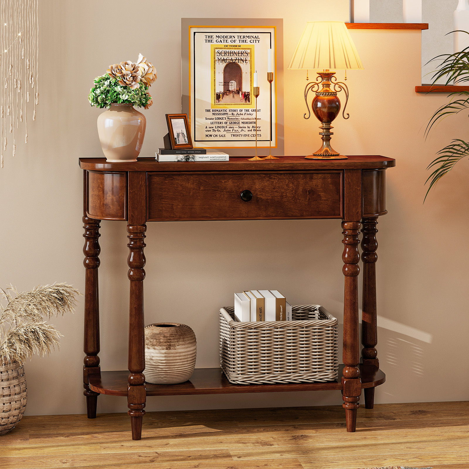 Gymax Retro Console Table 36''L Wooden Entryway Table w/ Storage Drawer & Open Shelf Brown