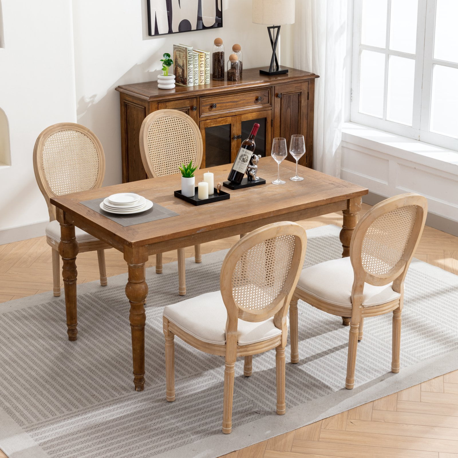 PORKISS Dining Chairs Modern Upholstered Set of 2, French Style Solid Wood Dining Side Chairs, Linen Fabric Dining Chair with Nailhead Trim, Beige A
