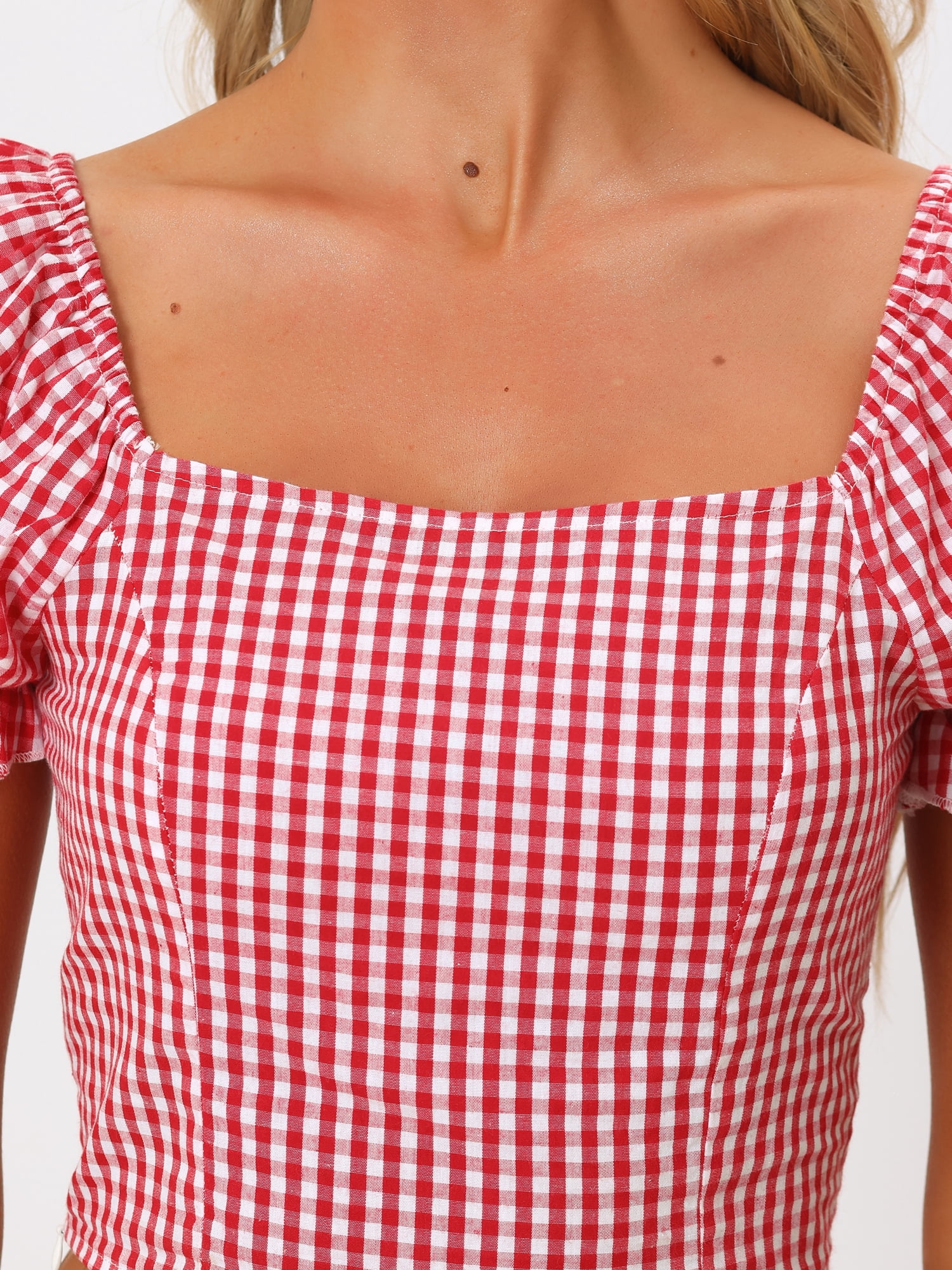 DARING DIVA Women's Smocked Crop Gingham Blouse Top XL Red
