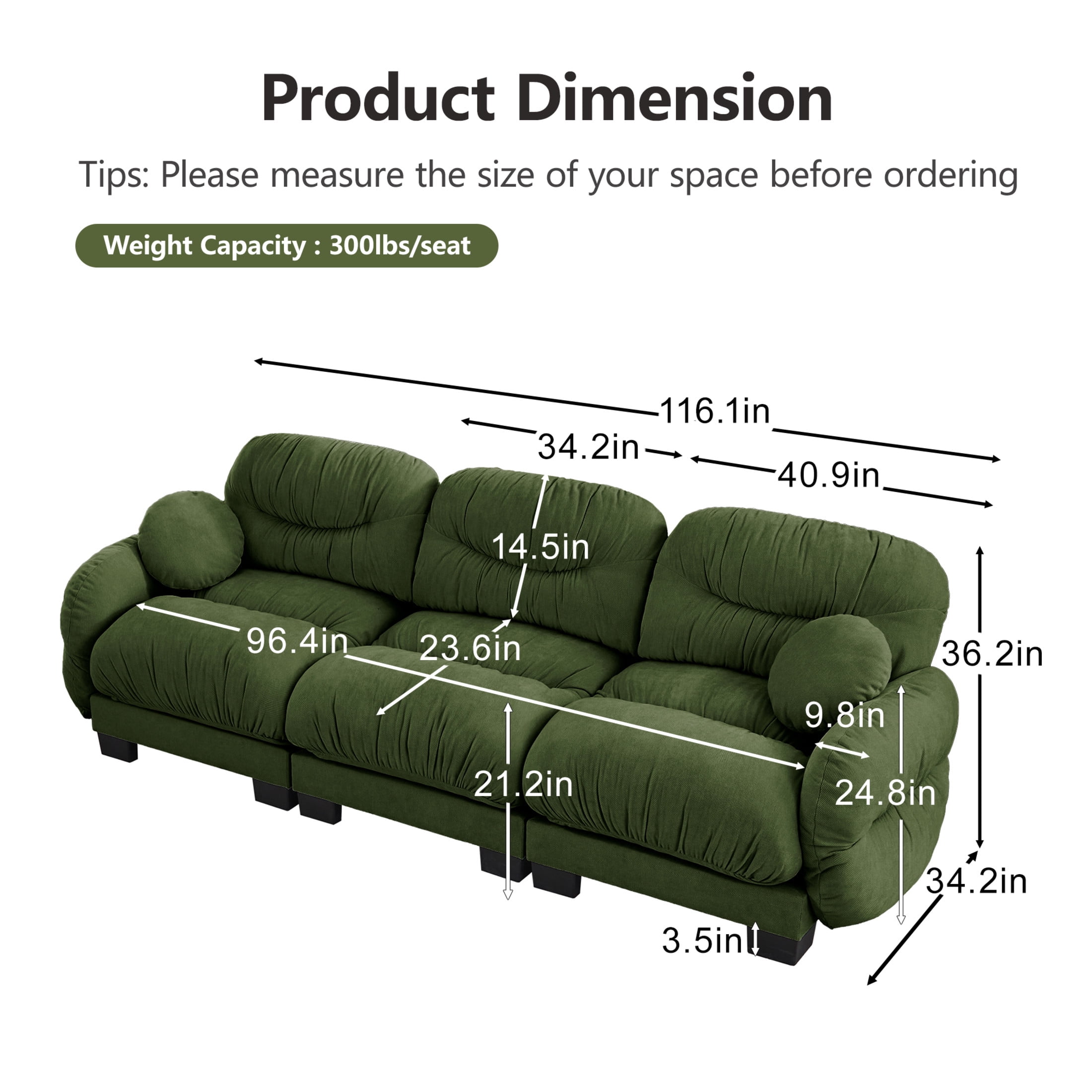 Noble House Corlan Pleated Chenille 3-Seater Sectional Sofa, Modular Deep Seat Couch with Throw Pillows, Green