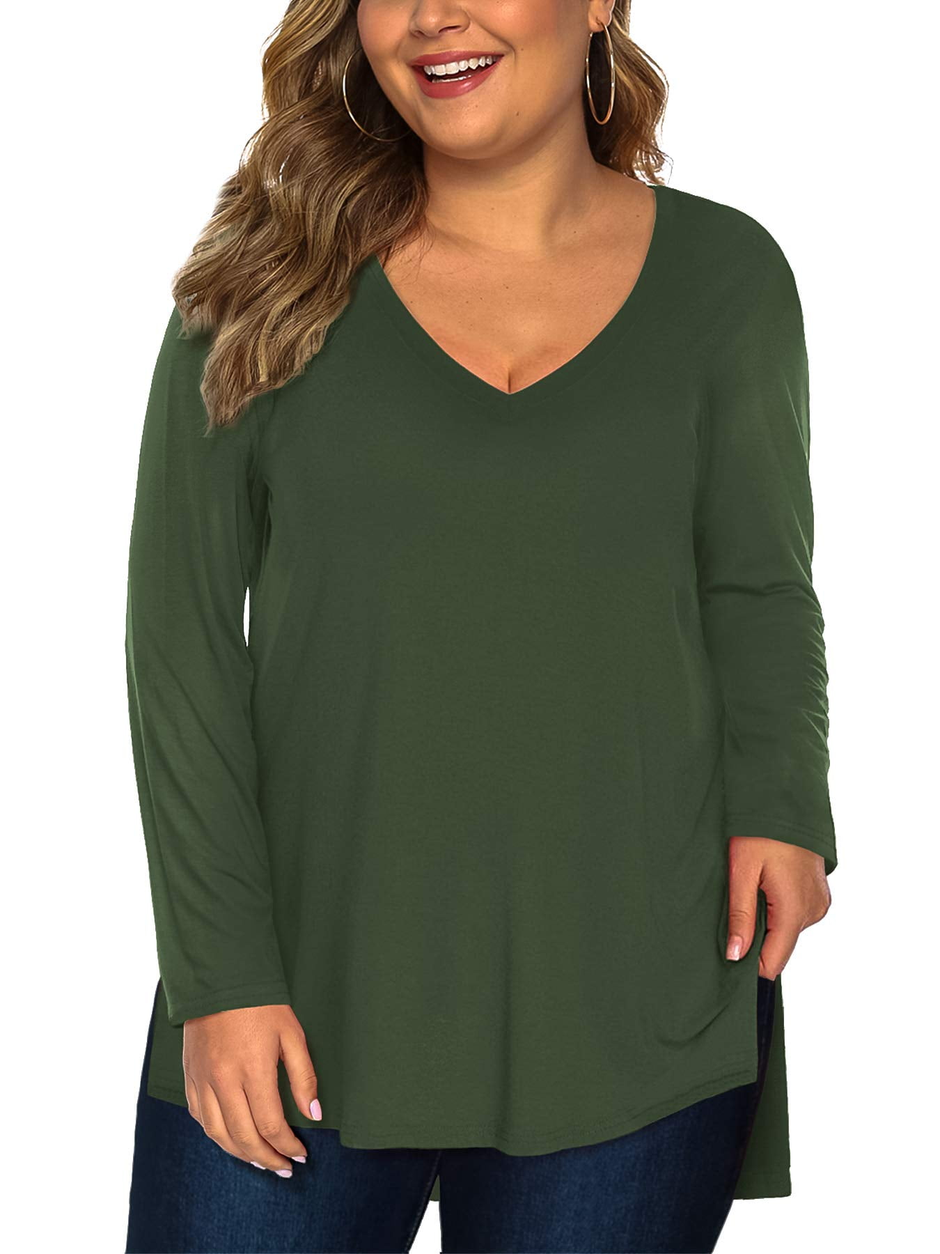 Amoretu Womens Plus Size Tee Shirts Long Sleeve Tops V Neck Tunic(Green