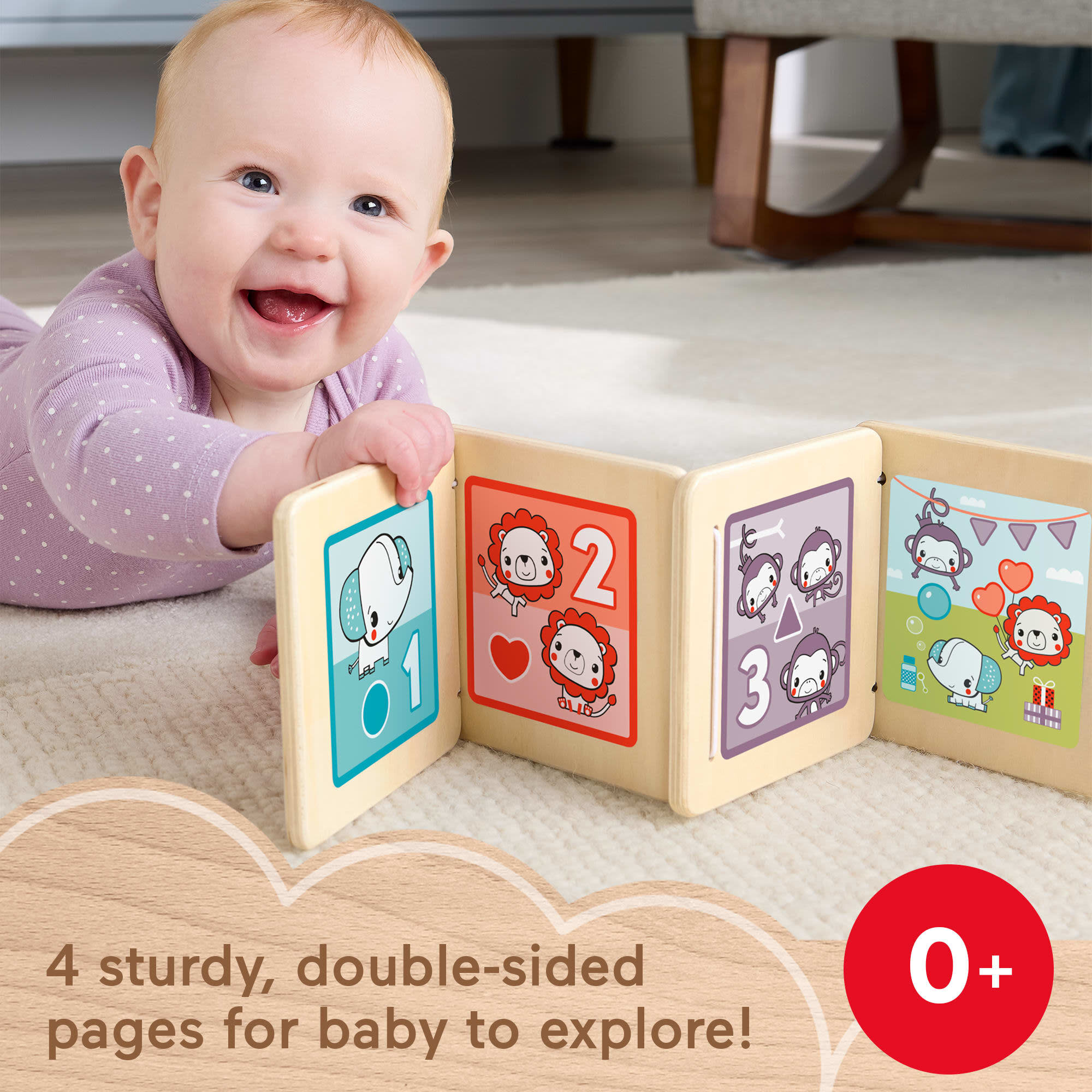 Fisher-Price Wooden Tummy Time Panel, Newborn Activity Toy with Mirror & High Contrast Designs