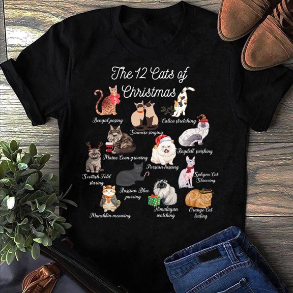 MilkCho The 12 Cats of Christmas T-Shirt: Cat Lover Gift