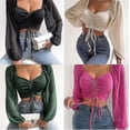 thumbnail image 1 of Camiseta Sexy con cuello en V para mujer, Tops cortos informales con cordón, Camiseta corta de verano para mujer, ropa para mujer, camiseta de manga larga, 1 of 2