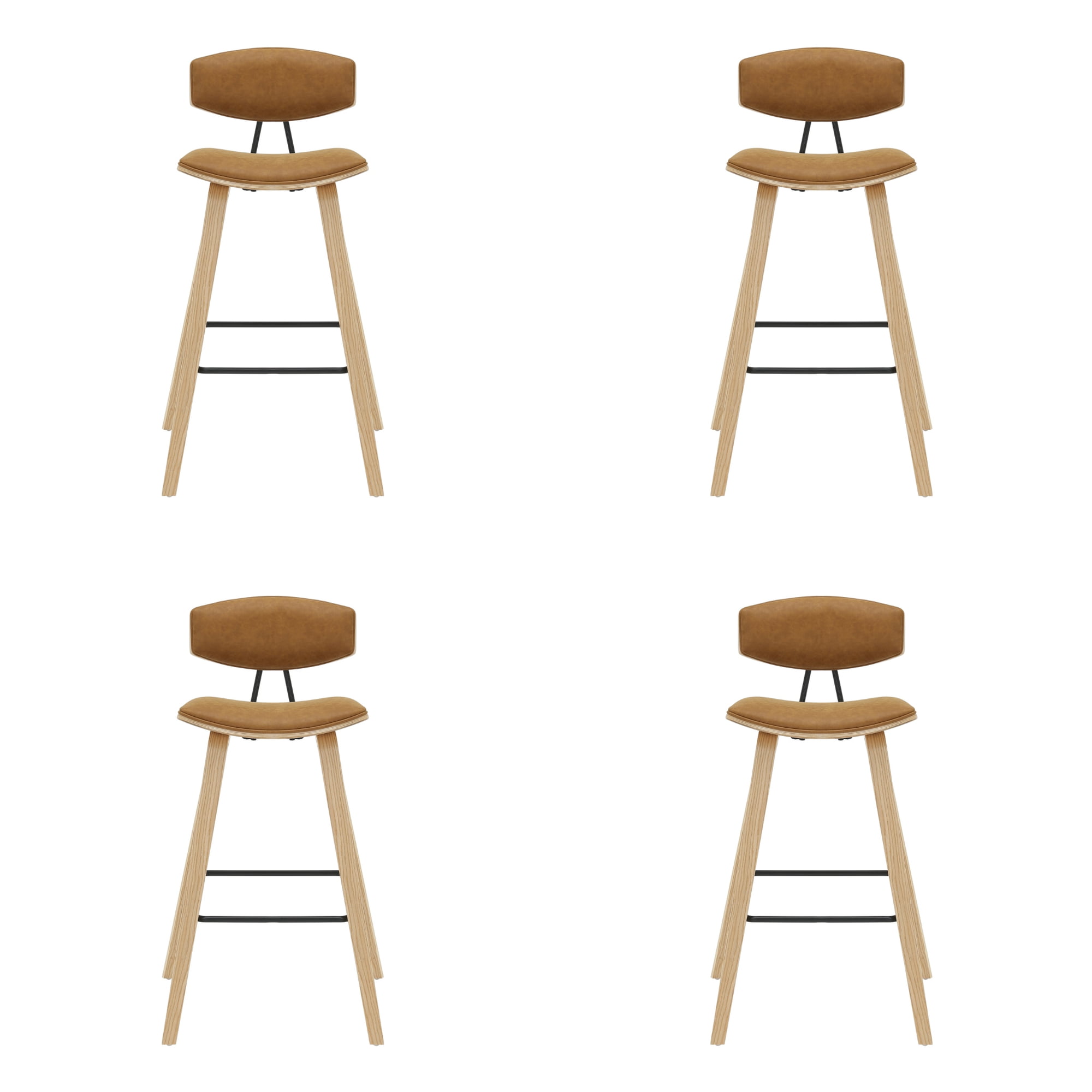 Fox 38 in. H Bar Height Camel Curved Back Wood Bar Stool with Faux Leather Seat Set of 4