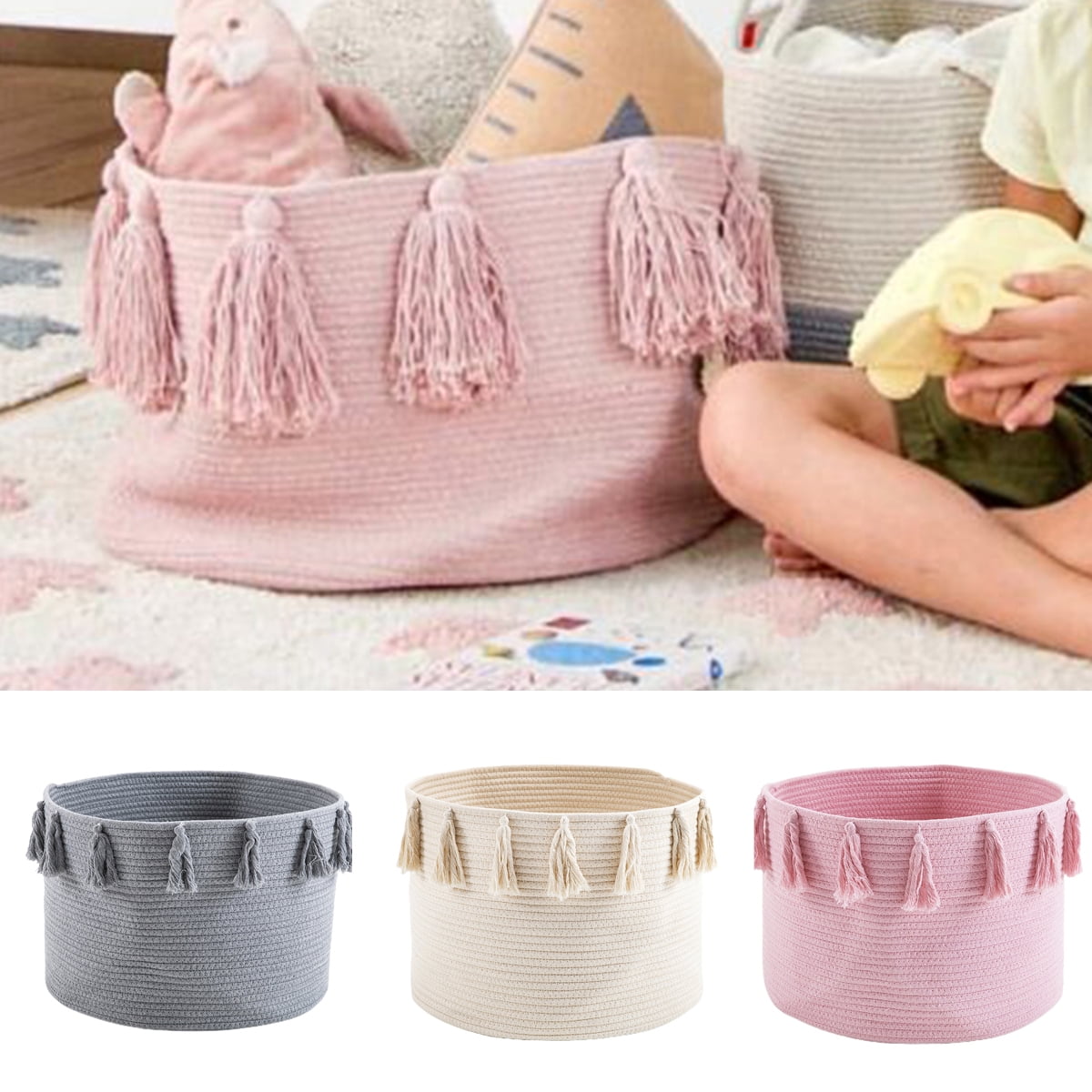 Travelwant Cotton Rope Basket Hamper, Macrame Tassel Storage Basket