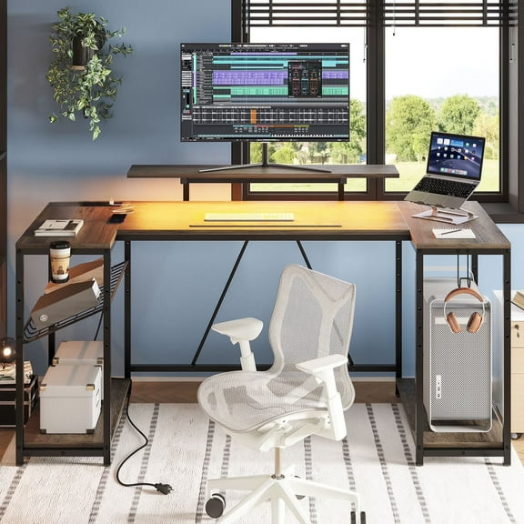 Bestier 63" Gaming Desk with LED Lights, U-Shaped Computer Desk with Outlets & Monitor Stand, Home Office Desk with Storage Shelves in Grey
