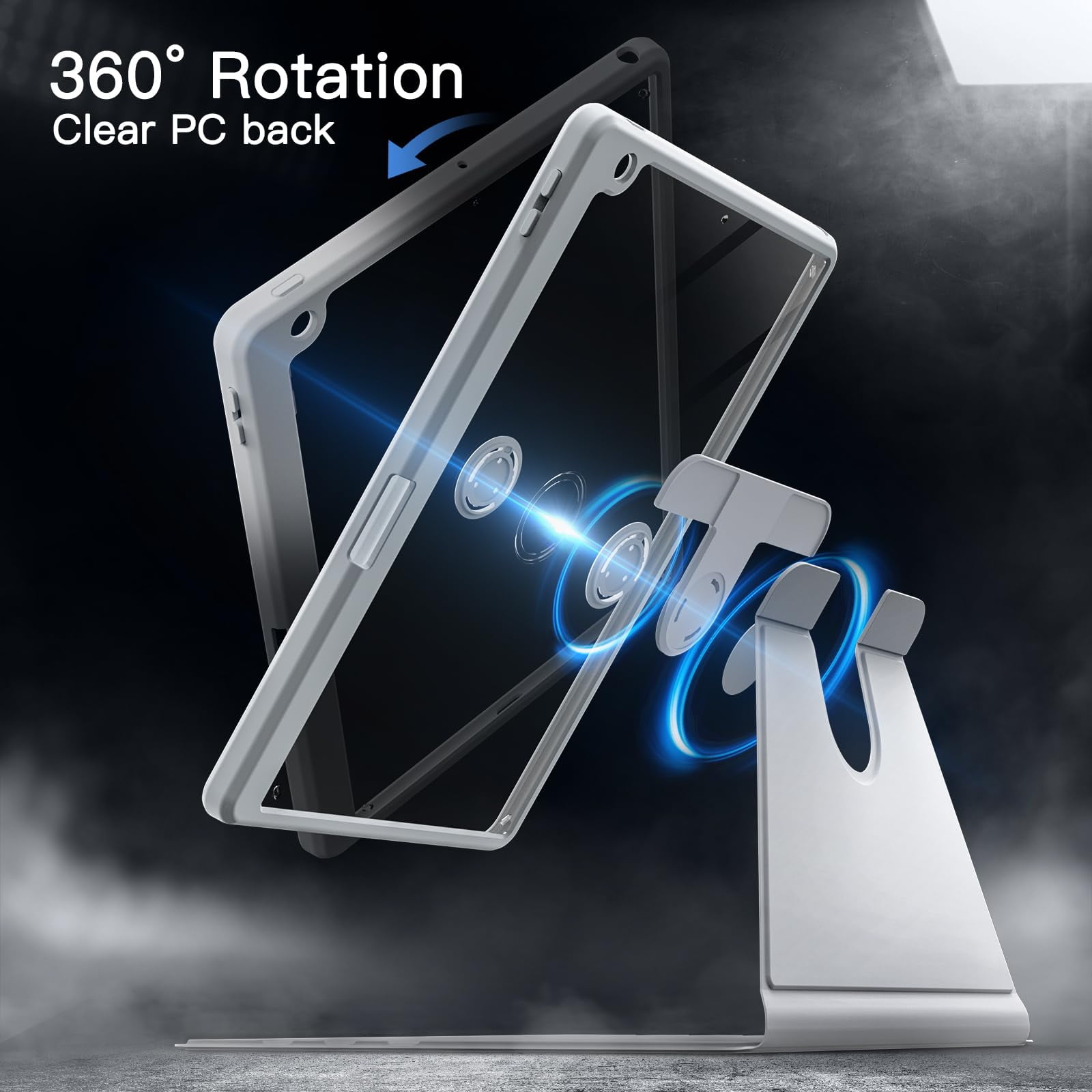 JETech Rotating Case for iPad 9/8/7 (10.2-Inch, 2021/2020/2019 Model, 9th/8th/7th Generation) with Pencil Holder, 360 Degree Rotation Protective Stand Cover Clear Back, Auto Wake/Sleep (Silver)