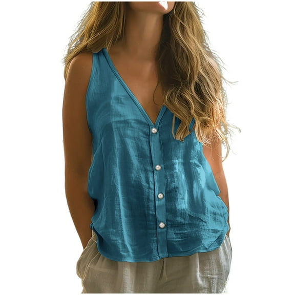 Women's Cotton Linen Sleeveless Shirt - Deep V-Neck Button Tank Top, Breathable Casual Vest for Summer 2025, Trendy Solid Color Tee with Relaxed Fit