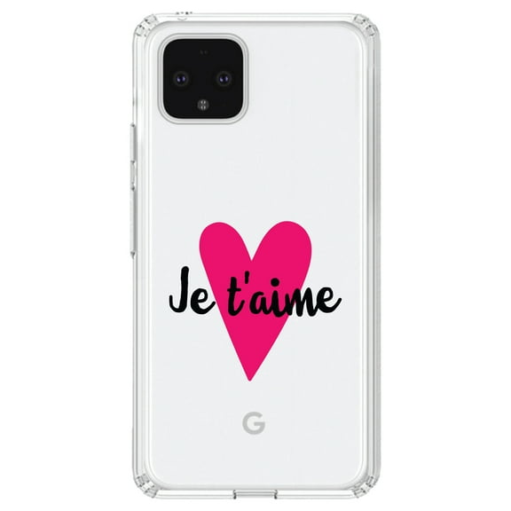 DistinctInk Clear Shockproof Hybrid Case for Google Pixel 4 (6.1" Screen) - TPU Bumper Acrylic Back Tempered Glass Screen Protector - Je T'Aime - Pink Heart