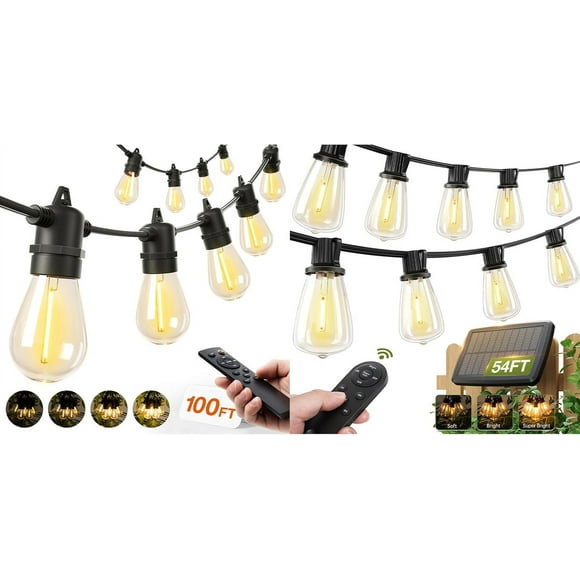 addlon 54(48+6) FT Solar String Lights Waterproof,Patio Lights Solar Powered 100FT LED Outdoor String Lights, Remote Dimmable Patio Lights