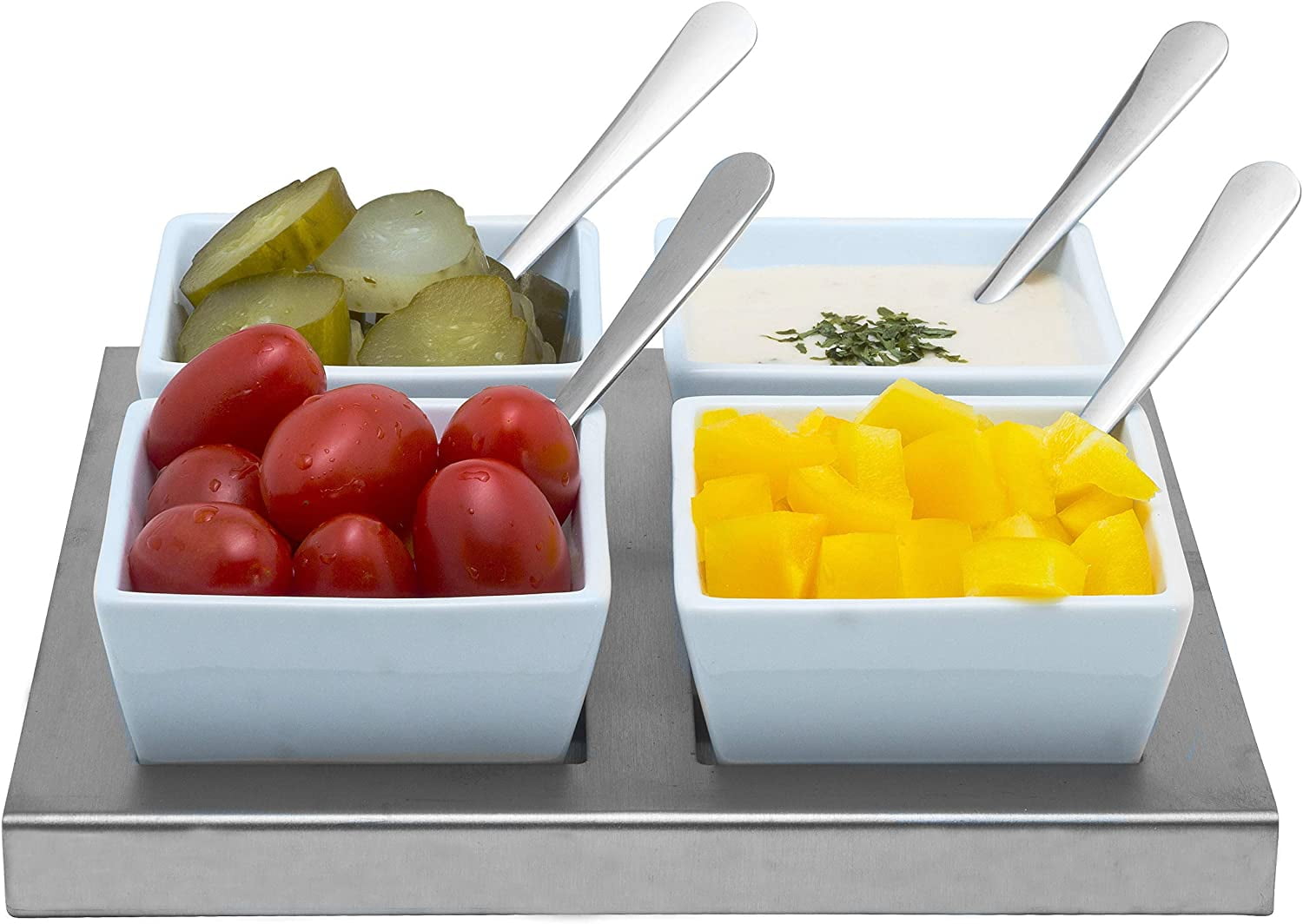 White Ceramic Appetizer Condiment Relish Serving Bowl Set of 4 With Spoons & Stainless Steel