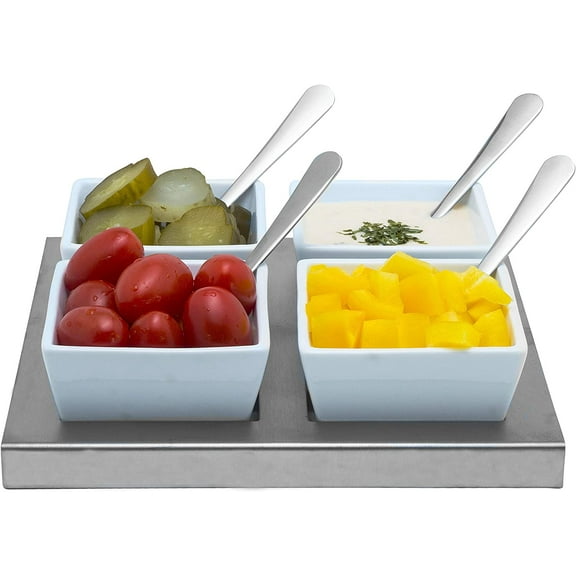 White Ceramic Appetizer Condiment Relish Serving Bowl Set of 4 With Spoons & Stainless Steel Tray (Modern Square)