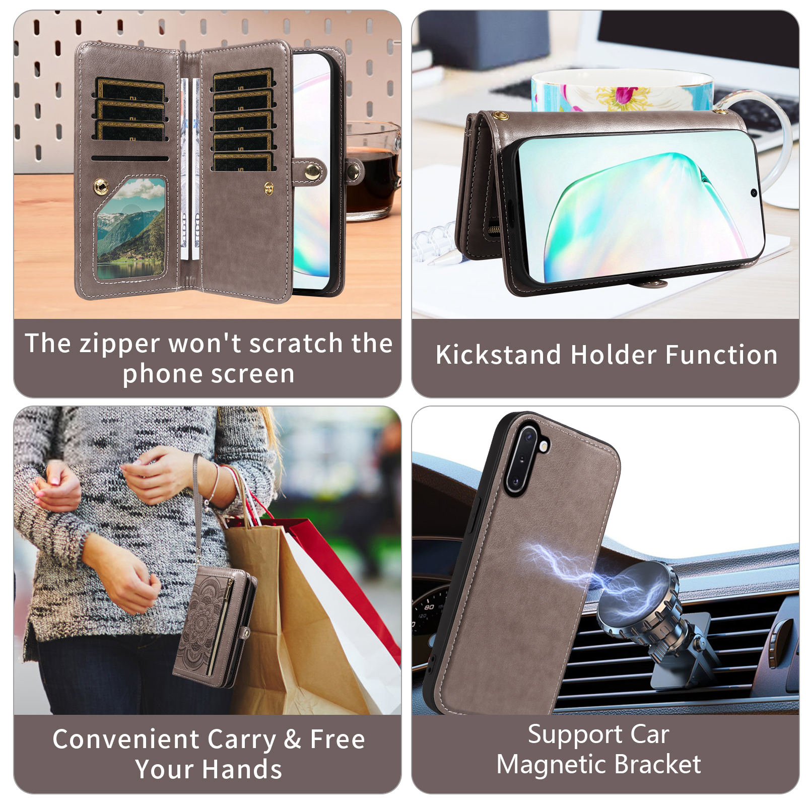 Asuwish Phone Case for Samsung Galaxy Note 10 5G Zipper Wallet Detachable Cell Cover with Tempered Glass Screen Protector Lanyard Strap Flower Flip Card Holder Note10 Notes 10s Ten Not S10 Women Gray