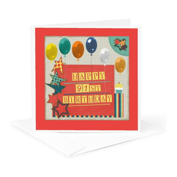 3dRose, 91st Birthday, Balloons, Cupcake, Stars, Block Letter, Orange, Green, 1 Greeting Card with envelope
