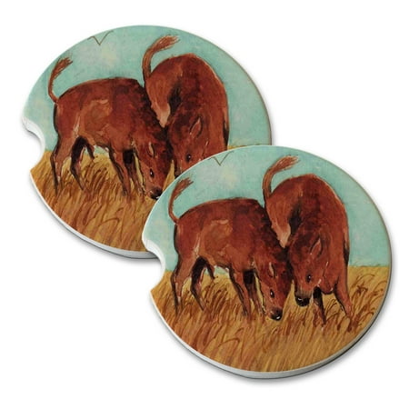 American Bison Bull KuzmarK Sandstone Car Drink Coaster (set of 2) - American Bison Buffalo Calves Battle of the Baby Bulls Wildlife Art by Denise Every ()