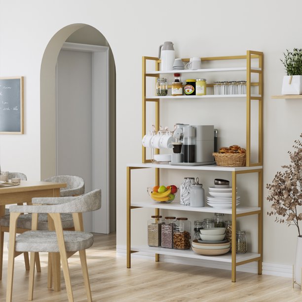 Homfa 5Tier Kitchen Bakers Rack with Hutch, Gold Framed Microwave Oven Stand Storage Shelf