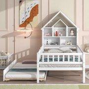 Bellemave Twin Toddler Bed with House Shaped Bookcase Headboard and Trundle, Wood Kids Bed with Rails All Around for Toddlers, Kids, Boys & Girls (White)