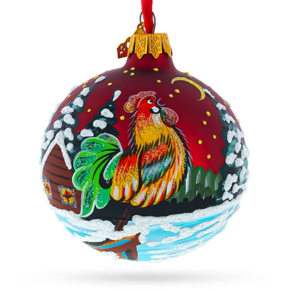Rooster Village Scene Glass Ball Christmas Ornament 3.25 Inches