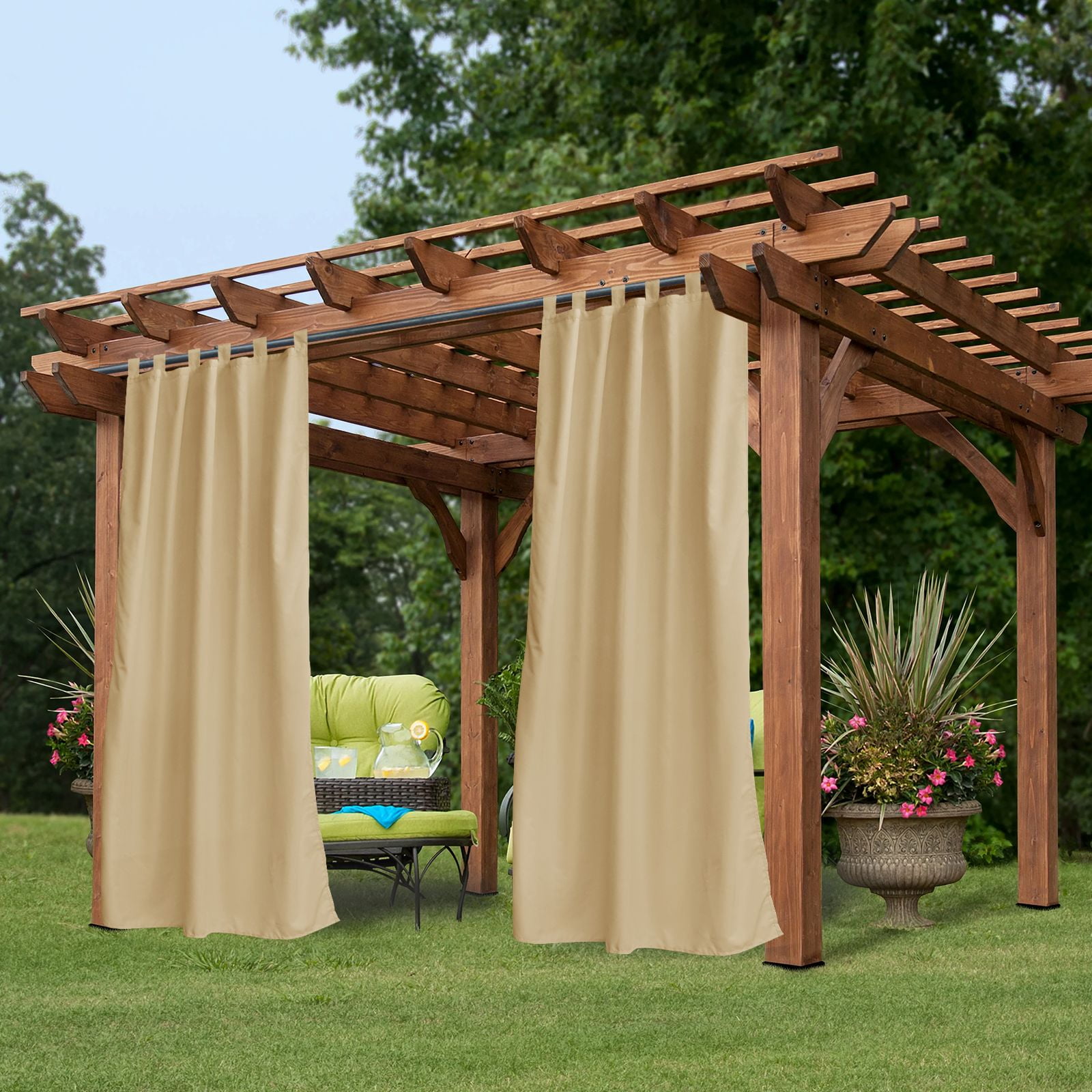 Beige Outdoor Thermal Grommet Blackout Curtain - 50 in. W x 96 in. L, 6 Tab top (3" Long) fit to most standard curtain rods