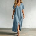 thumbnail image 6 of Dvprdro V Neck Short Sleeve Cotton Side Pockets Loose A Line Maxi Dress for Women Summer Beach Vacation Solid, 6 of 8