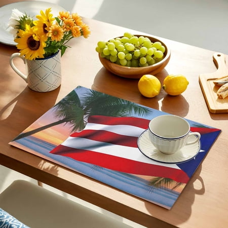 Puerto Rico Flag Placemats Set of 12, US Vintage Beach Palm Trees Non-Slip Place Mats Washable Table Mats for Kitchen Dining Table Decorations Indoor/Outdoor