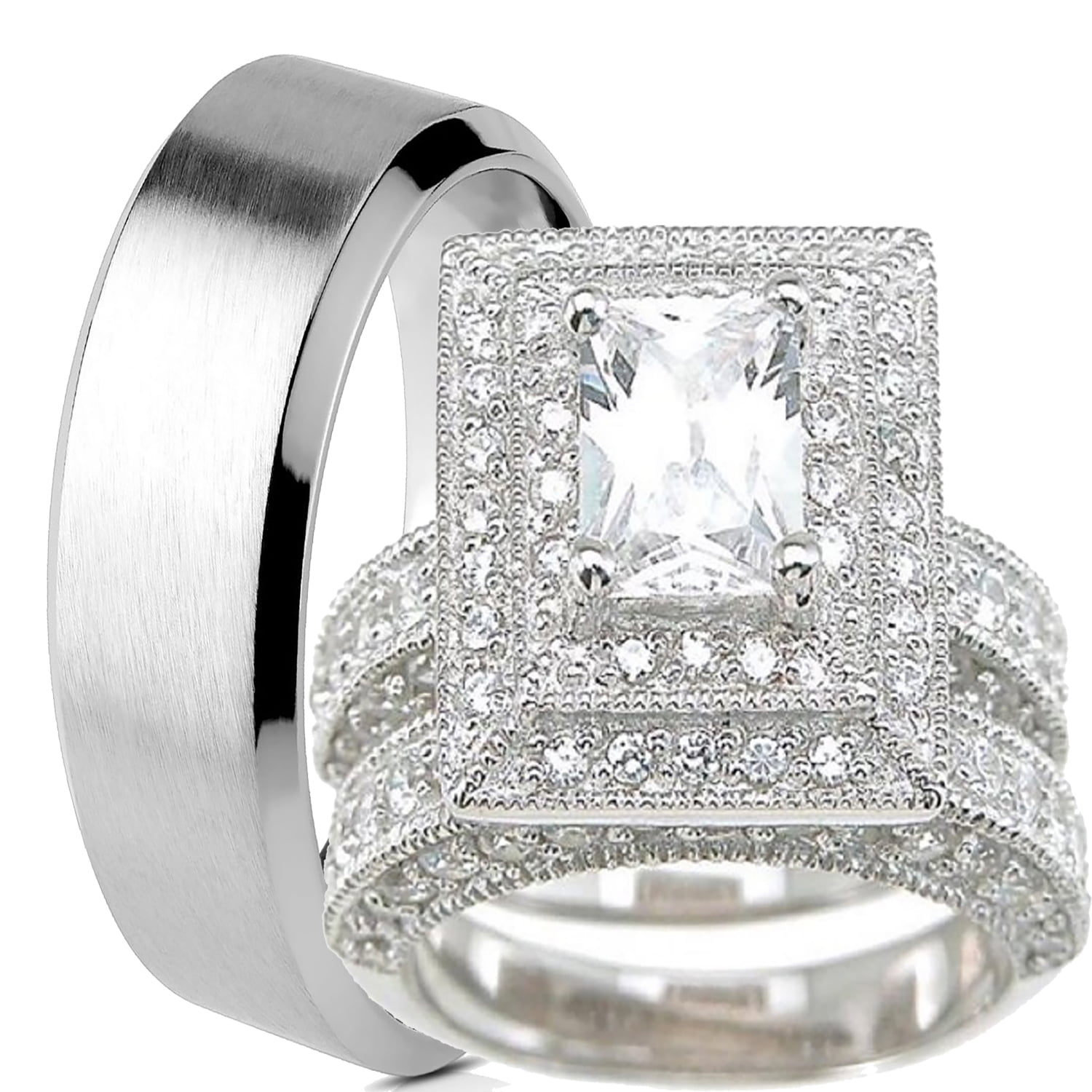 Titanium Engagement Ring Simulated White Diamonds Wedding Band Size 6-13 