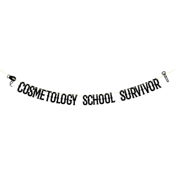 Glitter Black Cosmetology School Survivor Banner, Class Of 2024 Grad Cap Cake Supplies,Congratulations Finally Done 2024 Graduate Party Decoration