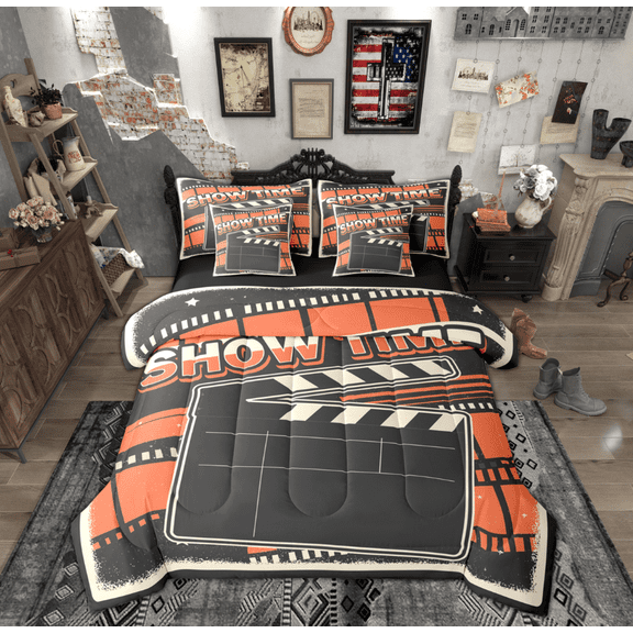 Manfei Vintage Film Twin Bedding Sets 7-Piece for Kids, Cinema Tricket Bedding Comforter Set, Movie Theater Theme Reversible Sheet Sets, Luxury Bedroom Decor
