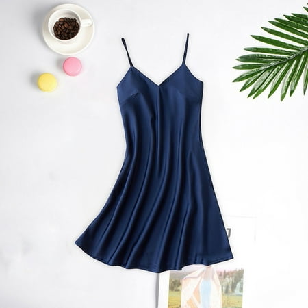 Xysaqa Women Lingerie Sleepwear Satin Chemise Nightgown Nightdress Slip Sleepwear Lounge Mini Flowy Dress S-XXL