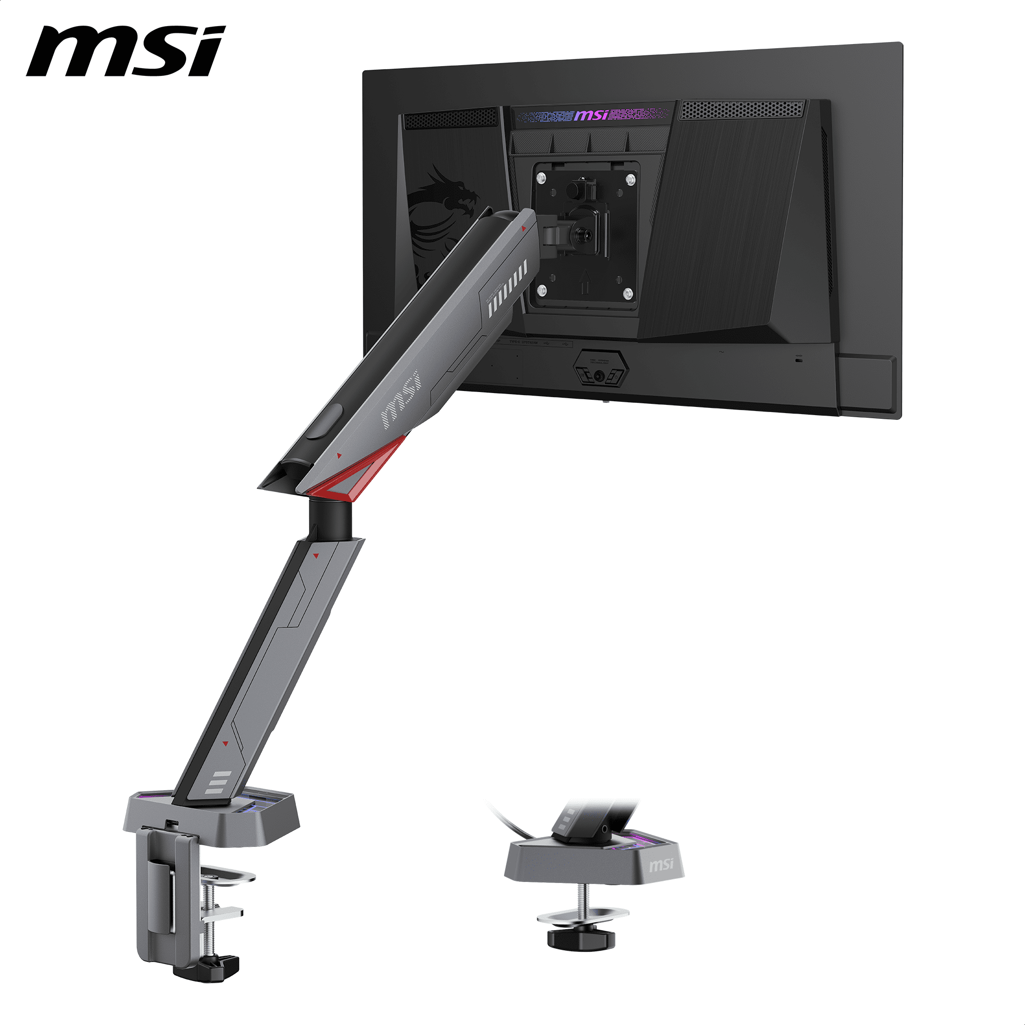 MSI MPG MT161R WMT Single Spring Gaming Monitor Desk Arm, Fully Adjustable Full Motion VESA Mount for up to 17 - 45 inch screen, RGB LED, Tool-free Installation, Clamp & Grommet, Cable Management