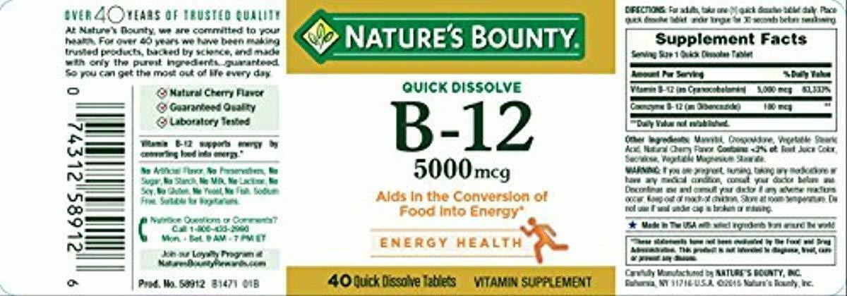 Nature's Bounty Vitamin B12 5000 mcg Quick Dissolve Tablets, Natural Cherry 40 ea (Pack of 2)