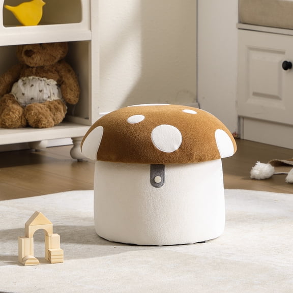 Guyou Cute Kids Storage Stool, Mushroom Shaped Upholstered Kids Reading Chair with Storage, Faux Fur Toddler Chair, Children's Shoe Changing Stool for Playroom Kindergarten Bedroom, Brown